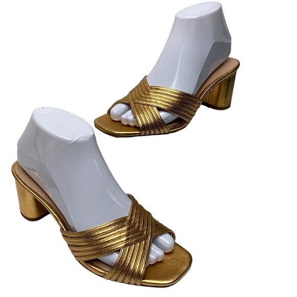 Via Spiga‎ Rafaela Gold Leather Block Heel Slide Sandals  NWOB - Picture 9 of 11